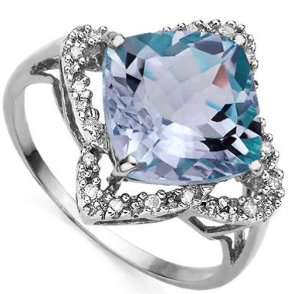 •Host Pick• Swiss Blue Topaz and Diamond 10K Solid White Gold Ring •Size 7•